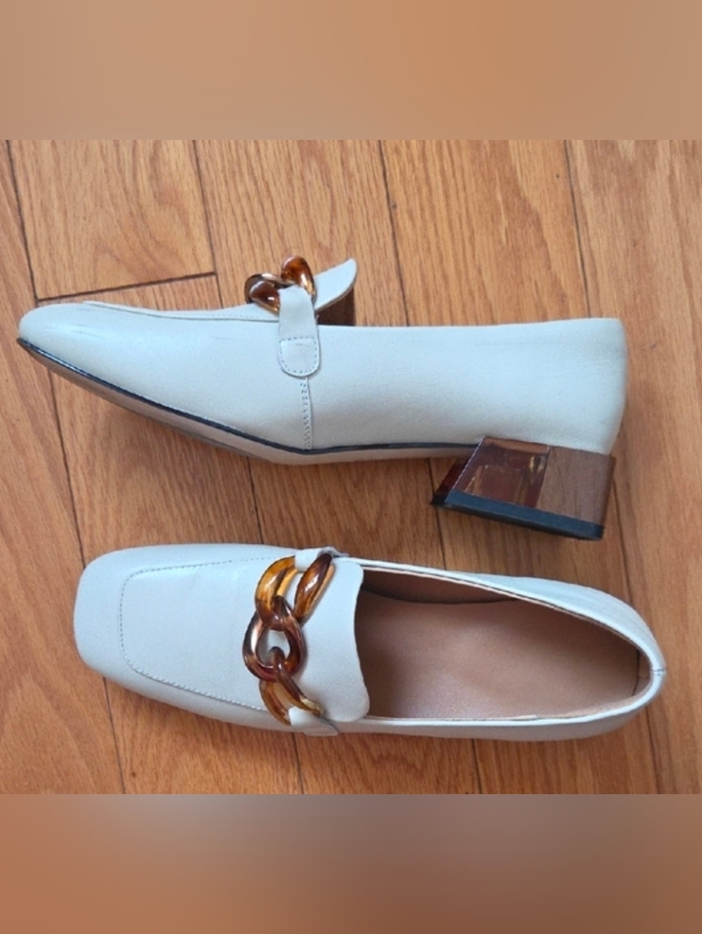 Leather Cream Chain-Accent With Wood And Acrylic Block Heel